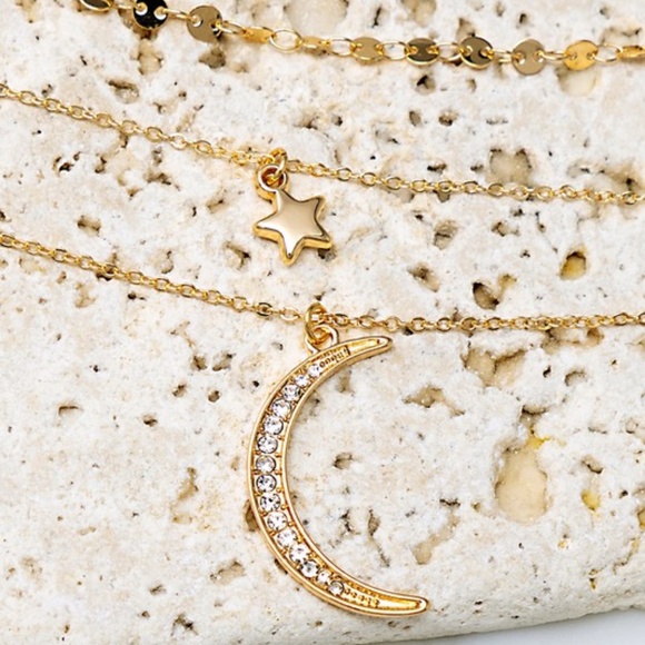 SOLD OUT Gold Crescent Moon Star Trio Layer Necklace - Picture 3 of 5